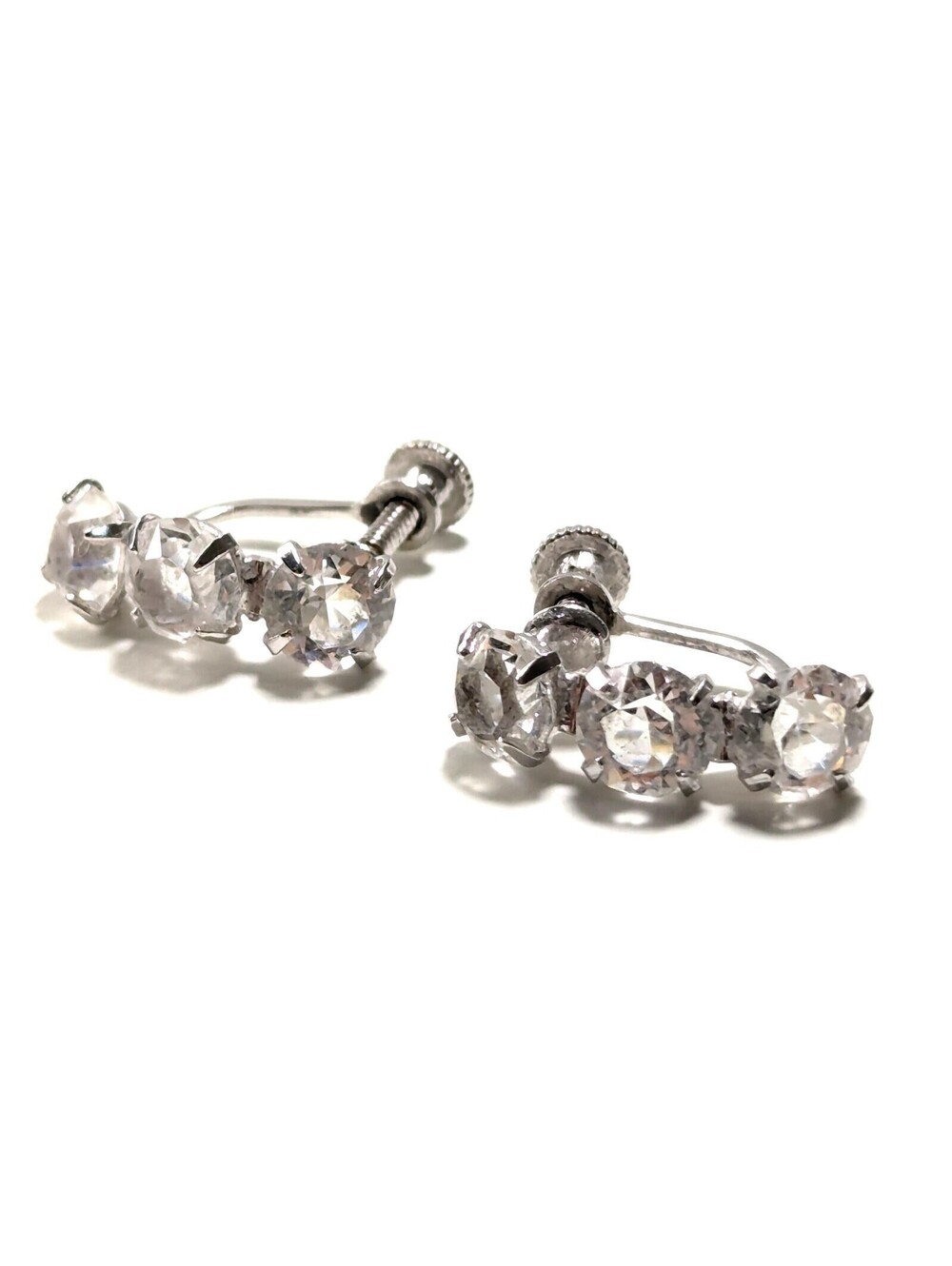 Sterling Silver 925 Clear Rhinestone Earrings Screw Back Triple Beaded 2.2g